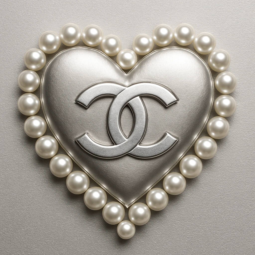Design a Chanel heart in metallic silver, surrounded by pearls, with interlocking C's, embodying a refined and timeless aesthetic. emoji
