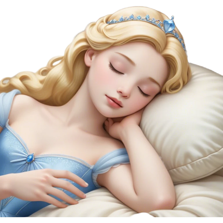 Cinematic Realistic Sleeping Cinderella Portrait, portrayed with exceptional realism: her luminous porcelain skin and exquisitely detailed golden-blonde hair lie softly under the gentle caress of natural light. Her eyes are peacefully closed in a serene, dreamlike slumber, and every fold and shimmer of her iconic ball gown is rendered with painstaking detail. The overall composition radiates a quiet, enchanting glow that encapsulates the timeless, restful beauty of a princess lost in a gentle, magical dream. emoji