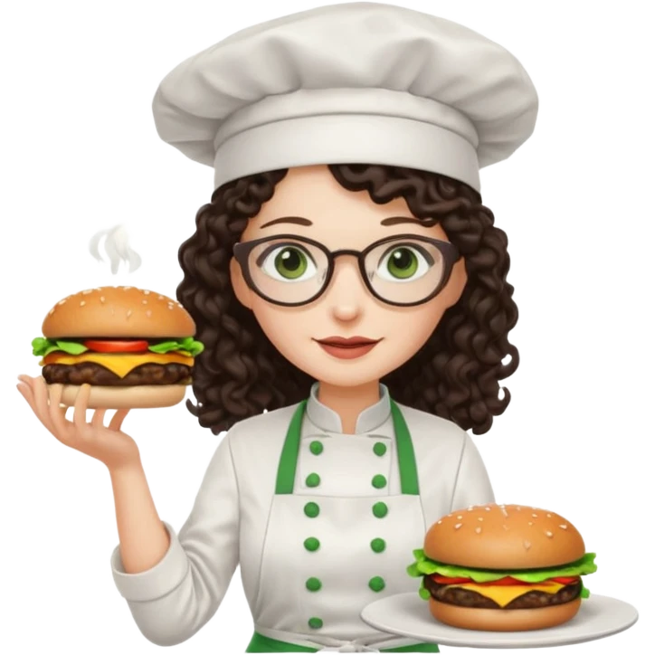 A female chef with glasses, dark brown long curly hair, White skin,Green eyes and cooking a burger emoji