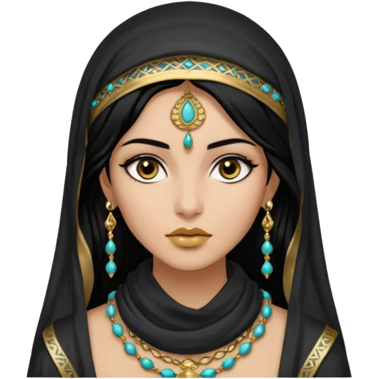  Mujer joven, morena, de gran belleza y porte misterioso.
Ojos grandes y negros, mirada intensa y fija; labios marcados.
-Cabello: Negro, largo y brillante, suele ir cubierto parcialmente por un velo o pañuelo oriental. Cuerpo conpletoVestimenta: Ropa de inspiración arabe brazaletes y pendientes.
 emoji