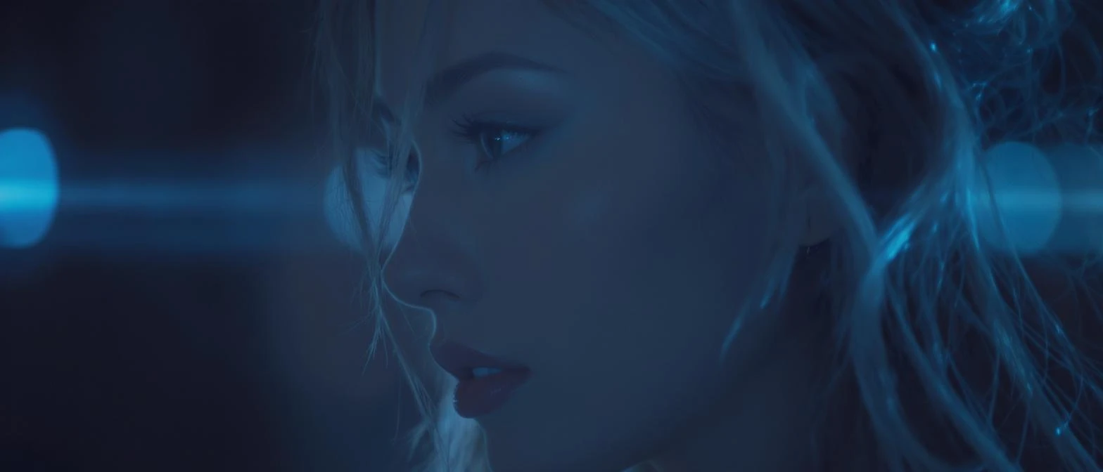 Extreme Closeup photo of a beautifull woman, cinematic light, Blue light ambient light, back light, 8K, very detailed, sharp emoji