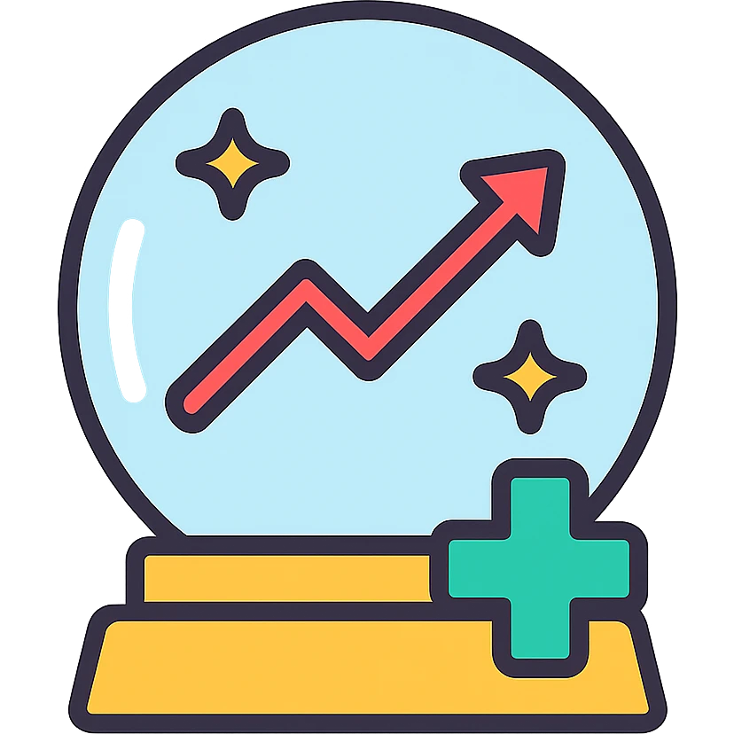 Add an upward slope or rising line graph inside the crystal ball to symbolize improvement and positive healthcare outcomes. Keep the icon style clean and modern, maintaining healthcare symbols and color accents. emoji