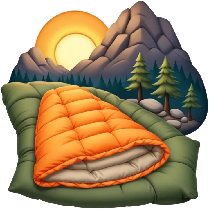 Cinematic Realistic Sleeping Bag, plush and slightly wrinkled, rich fabric texture catching the firelight, glowing with warmth and inviting coziness, nestled within a peaceful campsite. emoji
