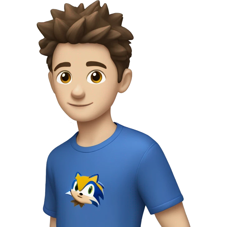 A young white boy with short brown hair and brown eyes wearing a blue sonic the hedgehog shirt
 emoji