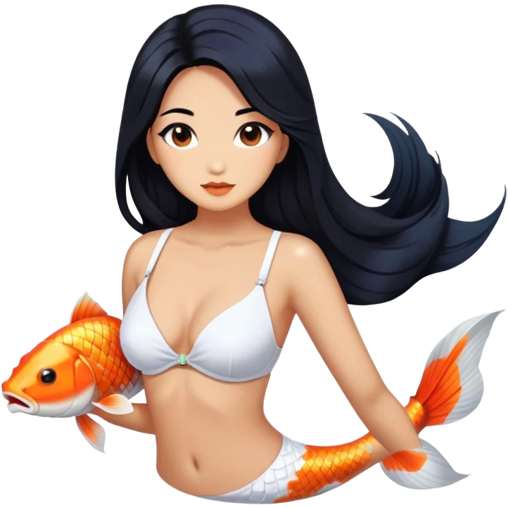 mermaid koi fish, long black hair tanned woman, white shell bra emoji
