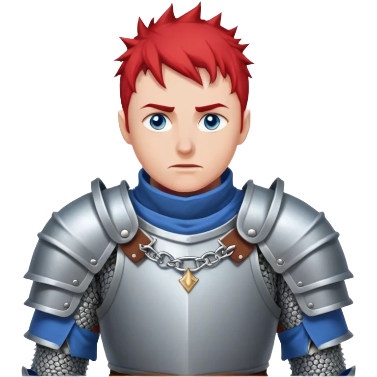 medieval battle armor worn by a DnD themed fantasy character. basic reinforced chainmail with a steel chestplate and padded collar. armor only above the waist. The armor full waist. The character's haven't arms. character is red hair blue eyes short spiky hair pale-skinned man. emoji