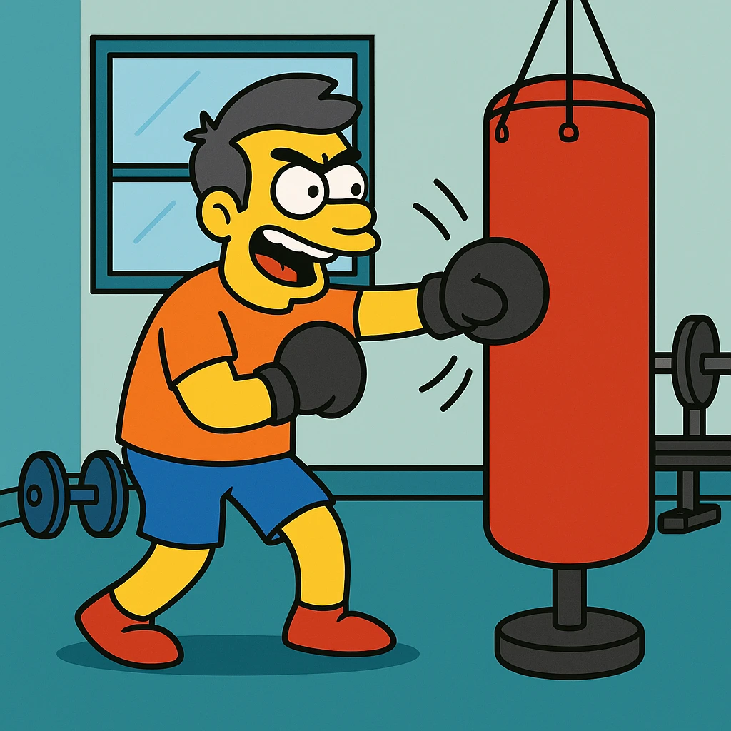 Hit a punching bag – to punch a padded bag for exercise or stress relief.
He went to the gym to hit a punching bag and blow off steam. Background Gym
 emoji