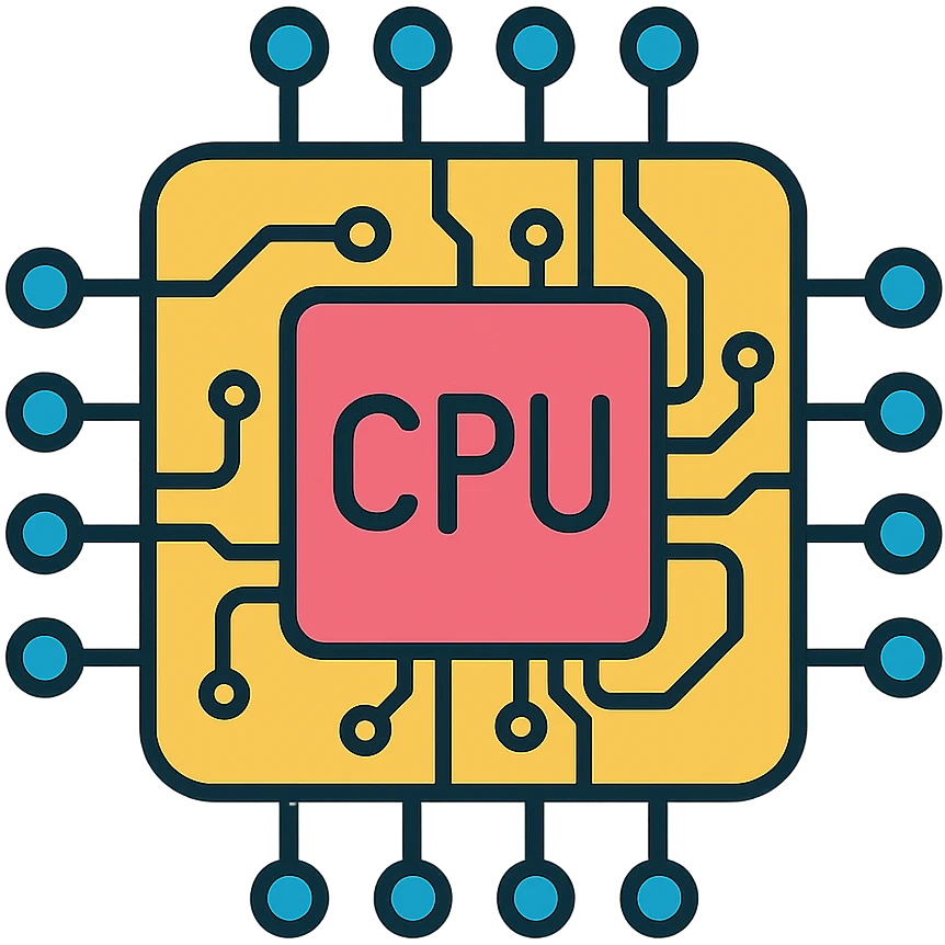 Central Processing Unit (CPU) microchip with detailed circuit patterns and technology elements. A modern processor chip icon with the text 'CPU' emoji