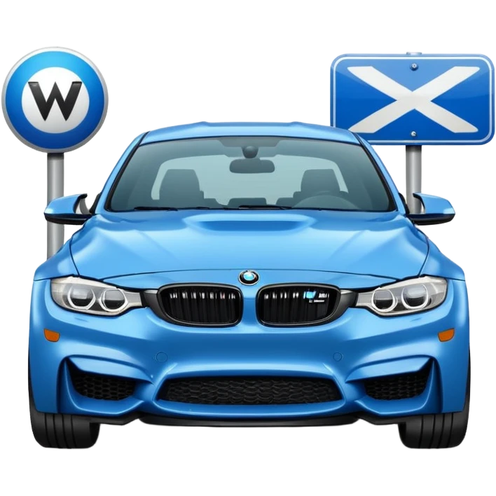 Make me an emoji with a blue bmw M3 and a street sign with W LZR on it emoji