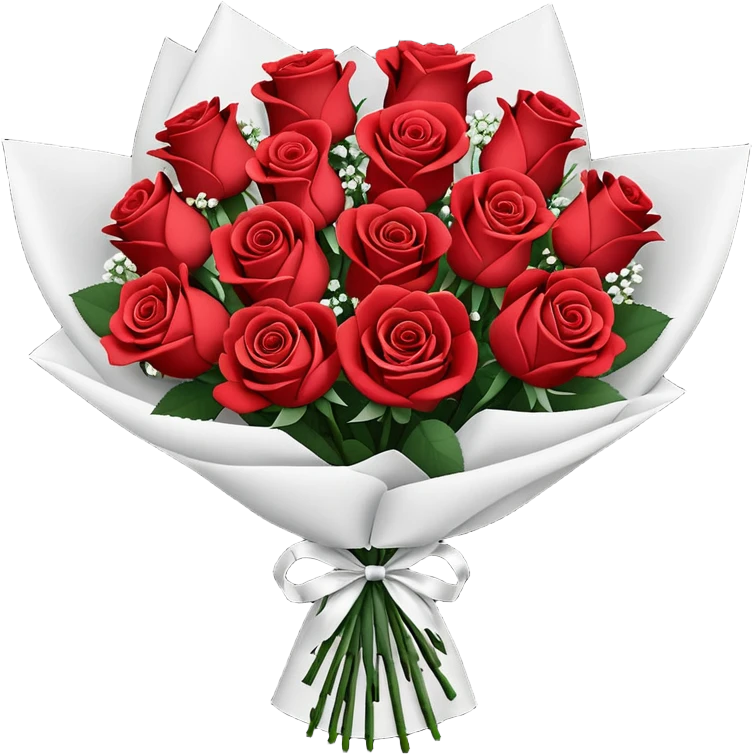 A paper-wrapped bouquet of fresh roses and baby’s breath emoji