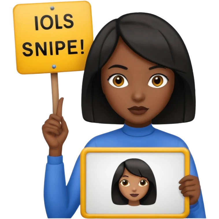 Dark skin woman with black bob in hair holding sign that says snipe  emoji