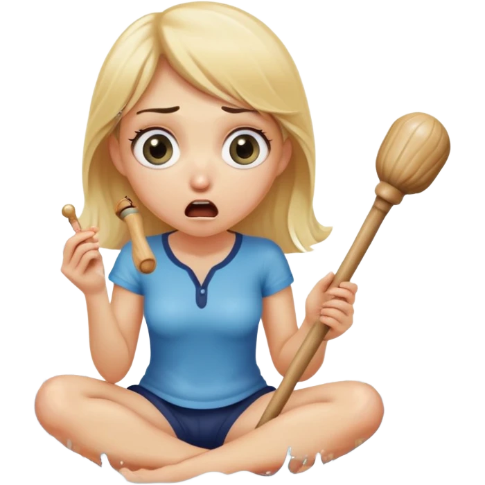 blond woman sitting on her knees with wide eyes, holding a wide skin-colored stick with a D-shaped knob, the stick and the nob have skin texture, water squirting from the knob into her mouth, shocked face emoji