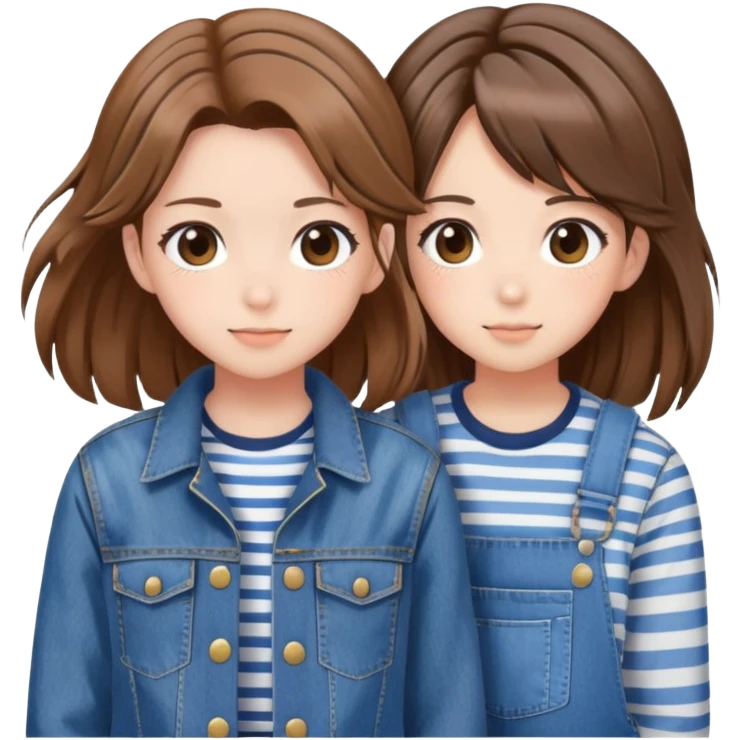 Two anime best friend girls with brown hair, one in striped shirt and denim jacket, one in denim overalls with hair clip emoji