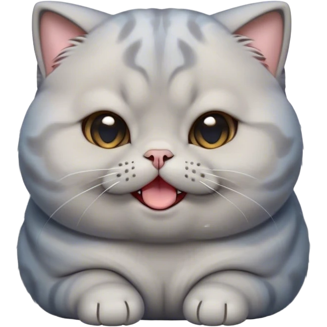 Cinematic Cute Chubby Grey Scottish Fold Cat Portrait Emoji, Adorable folded ears framing its round face, head tilted playfully and yawning, round and plump body with sleek soft grey fur and subtle blue undertones, Simplified yet adorable features, highly detailed, glowing with a warm, friendly glow, high shine, curious yet calm, stylized with a touch of whimsy, bright and endearing, soft glowing outline, capturing the essence of a mischievous yet loving and lazy kitty with those signature folded ears, so cute it feels like it could stretch out of the screen and cuddle! emoji