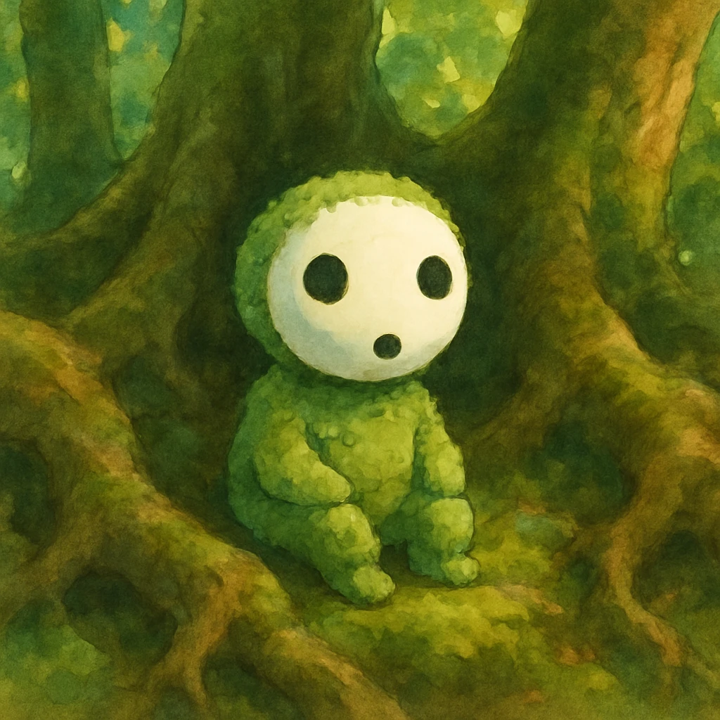 A tiny tree spirit with a round, white face and rattling head similar to kodama, sitting amongst ancient roots with soft moss growing on its body, painted in a whimsical style with dappled forest light emoji