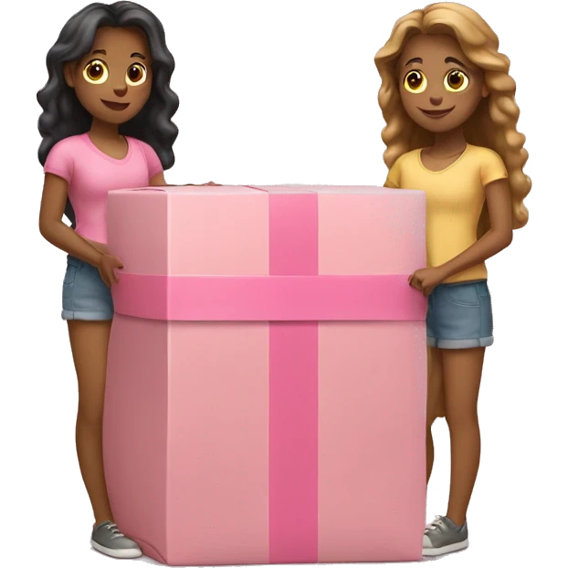 Two tan girls holding a pink long wide box  emoji