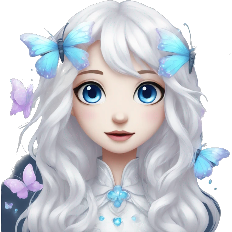 Edgy Cute Cool Kawaii gorgeous sparkly ethereal white fantasy animal with blue eyes sona with flowers and butterflies emoji