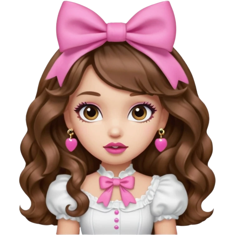 generate a pretty bratz girl in a white puff sleeve top. Pink lipgloss. Brown wavy hair long. Bow pink earrings emoji