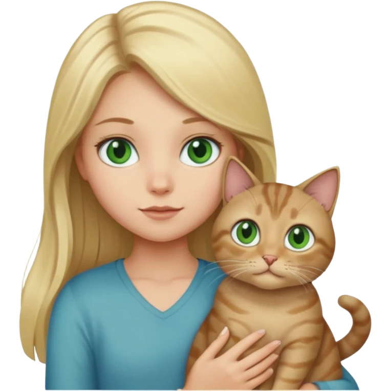 blonde girl with long blonde hair and blue eyes with tabby brown cat with green eyes and chubby gray cat with big green eyes emoji