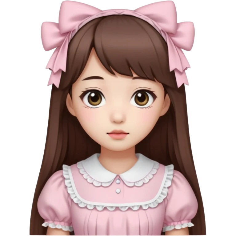 She has fair skin, is Korean, has long straight brown hair, slanted black eyes, with a very Kawaii baby pink lolita dress.  emoji