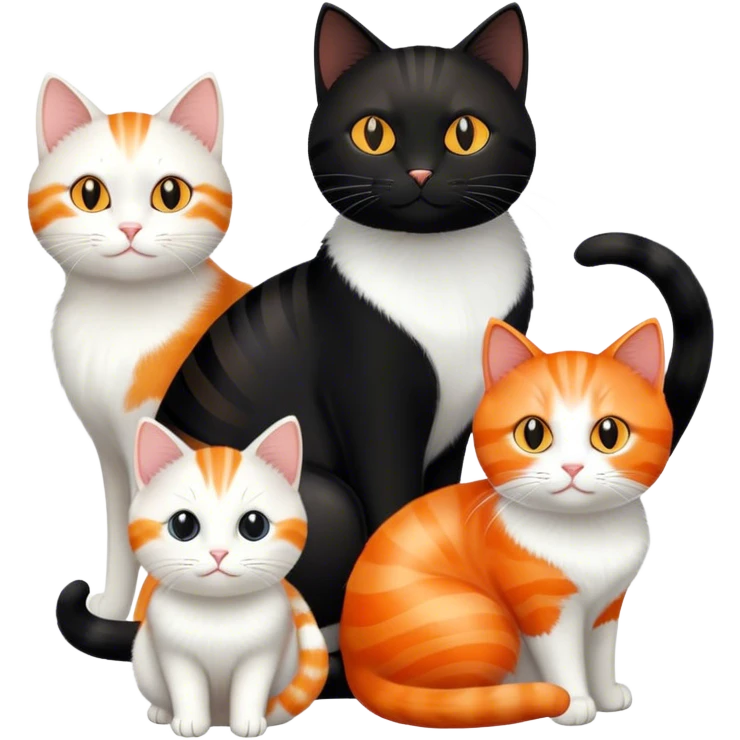 Black cat white cat orange cat and black cat again all next to eat other emoji