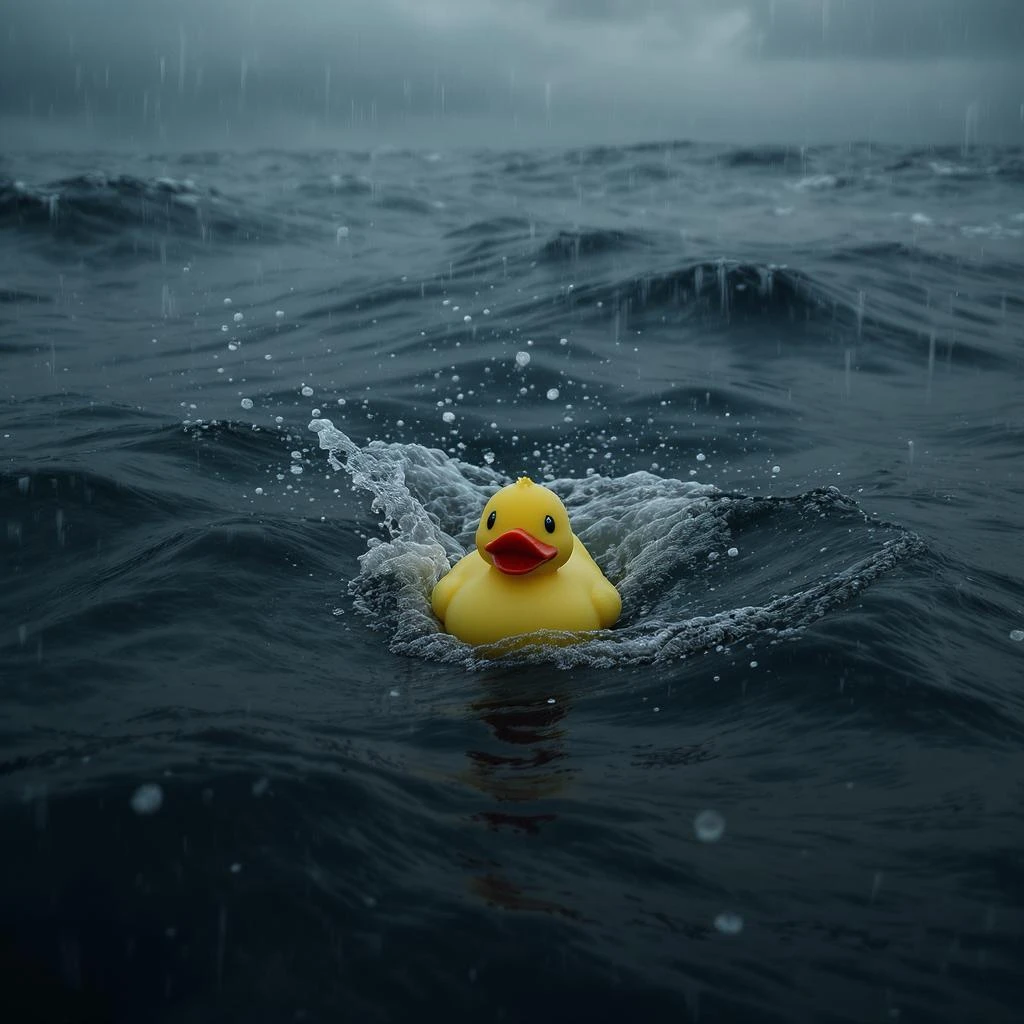 Extreme Closeup shot of Yellow duck toy on ocean during cloudy day, stormy sea, Camera from top, inspired by interstellar, shot by camera alexa 65, 35mm lens emoji