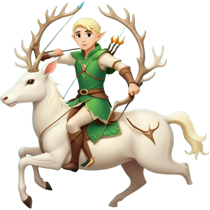 clash-of-clans-aesthetic-blond-male elf-archer-portrait-emoji, rendered in a flat, vector-style with minimal shading and bold, simplified shapes, head tilted slightly forward with a determined, focused expression, riding a majestic white stag whose antlers glow with mystical energy, set against an ancient, enchanted forest backdrop. emoji