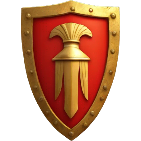 A bright red, rectangular-shaped Roman legionary shield with bold golden edges and a central gold boss. The shield features subtle geometric patterns and a worn texture, symbolizing both protection and battle readiness emoji