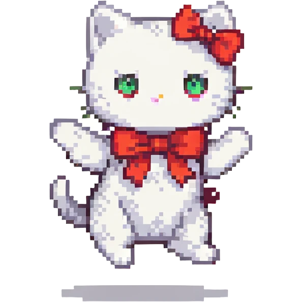 Hello Kitty white cat with red bow jumping playful pose pixel art style emoji