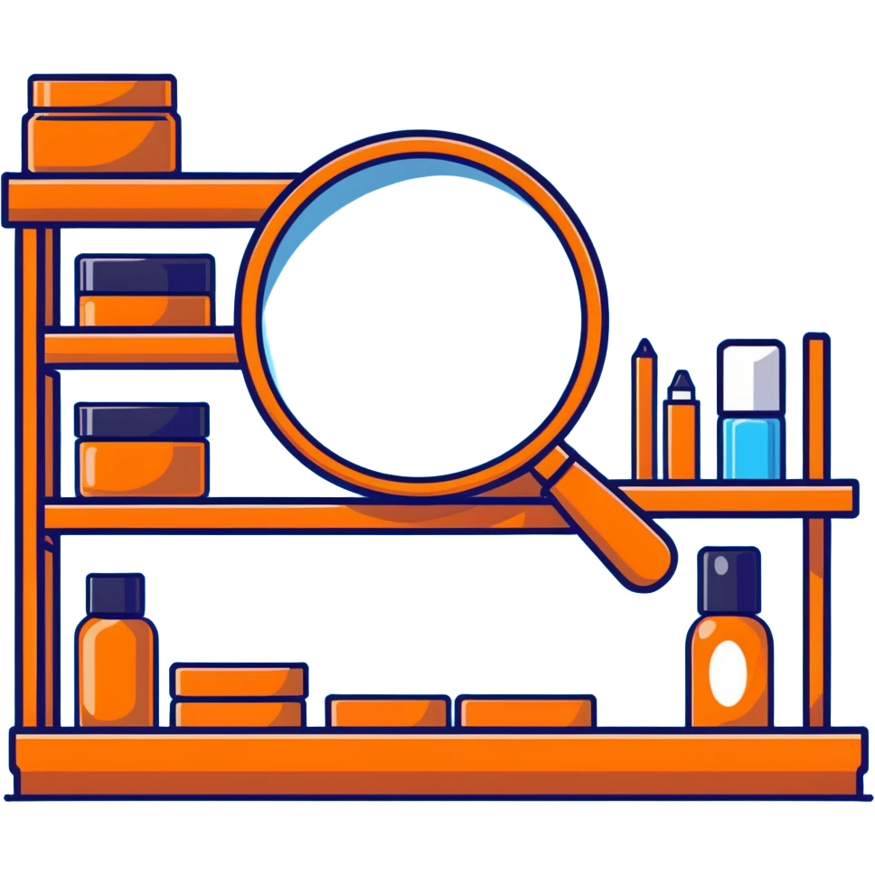 front view magnifying glass over empty orange beauty product shelf searching emoji