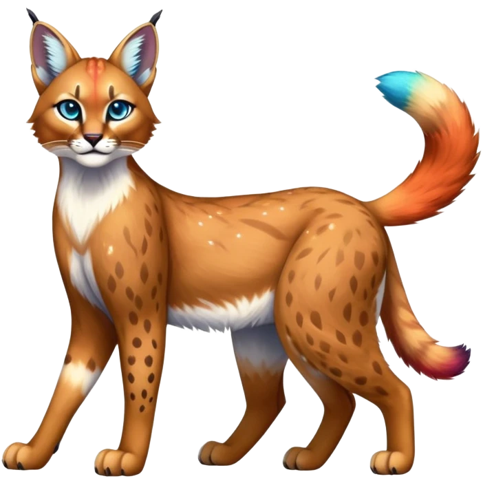 Vibrant multicolored Falvie-Fionbri-Bobcat-Caracal-creature-sparkle-feline-fursona, full body emoji