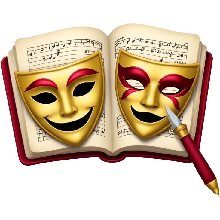 Create a bold and dramatic emoji representing the art of playwriting. The design should feature an open script or a theater playbook, with stylized text lines or dramatic dialogue inside. Include elements like a theatrical comedy and tragedy masks, a stage spotlight, or a writting quill to symbolize creativity and performance. Use deep, contrasting colors like red, black, and gold to evoke the intensity and passion of drama. The overall design should feel dramatic, inspiring, and artistic. Make the background transparent. emoji