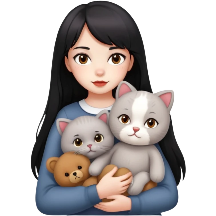 girl,drak eyes, red cheeks, black long hair with a bang, white face, holding a British gray cat and a brown teddy bear emoji