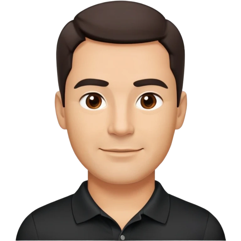 Middle-aged man with strong square face, pronounced jawline, full cheeks, neutral expression, dark brown eyes, thick eyebrows, wide proportional nose, friendly smile with medium lips, short dark hair neatly styled to the side, wearing a black polo shirt emoji