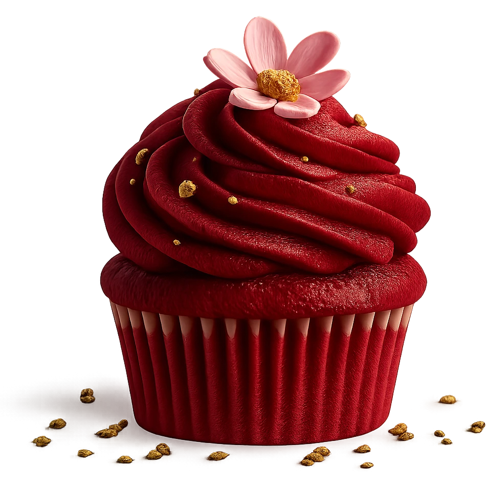 Change the icing to red velvet with a deep red, creamy texture, keep the realistic cupcake and accessories, photorealistic style, transparent background. emoji