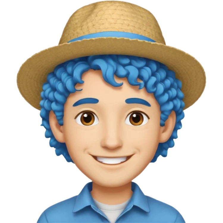 mid blue haired man curly hair and big earrings and and hat wearing emoji