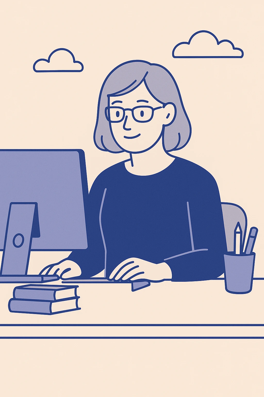 female teacher with grey hair at desk working in front of computer, clean modern illustration emoji