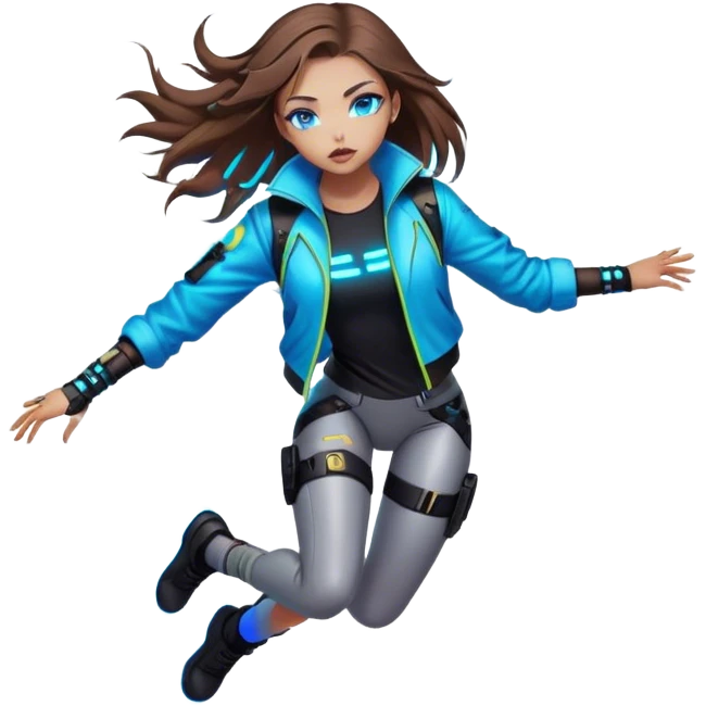 Neon cyberpunk style 
girl with brown hair and blue eyes 
falls emoji