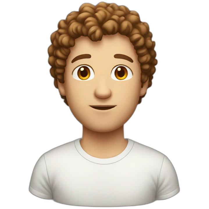 white man with really short brown curly hair wearing dorky tshirt emoji