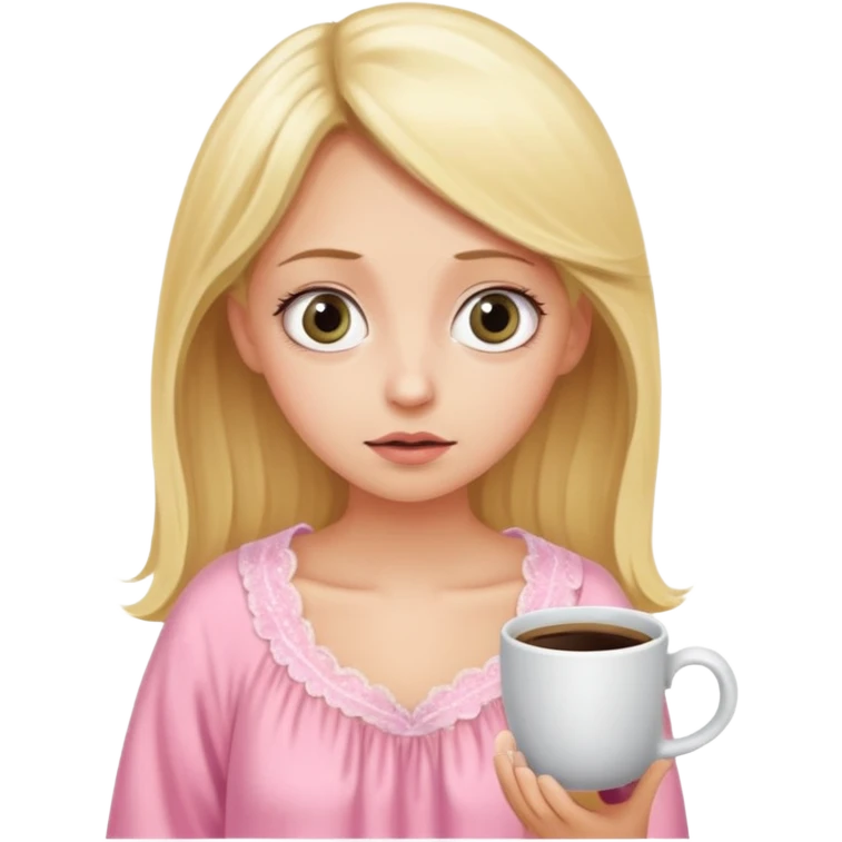 A blonde woman in a pink nightgown with wide eyes looks for coffee. emoji