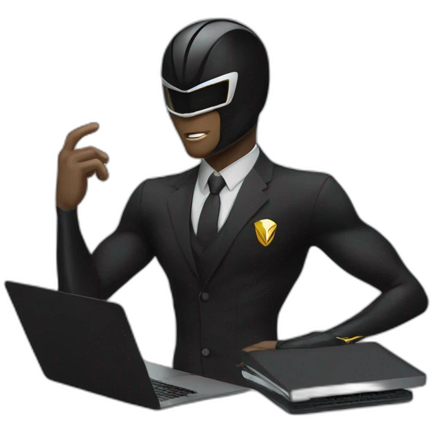 Power Rangers Black with Laptop busy with coding for Office Work by thinking future me man black suit confused face emoji