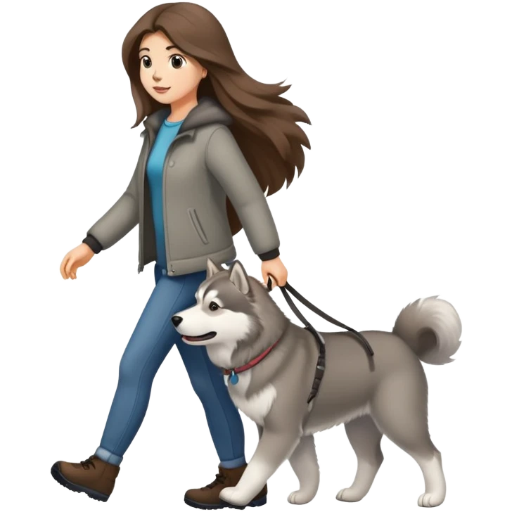 A girl with long brown hair walks a gray Alaskan emoji