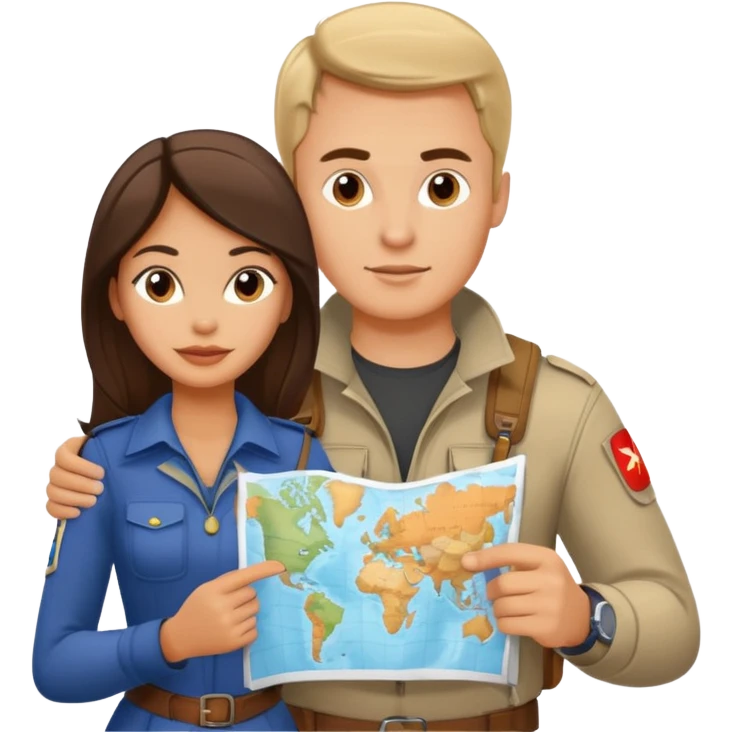 Russian man and elegant Latina girl in adventure outfits with a map planning a trip emoji
