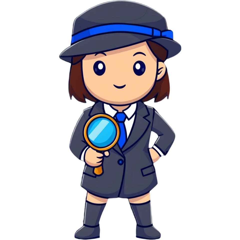 girl in a business suit, wearing a detective hat, holding a magnifying glass, in an investigating pose emoji