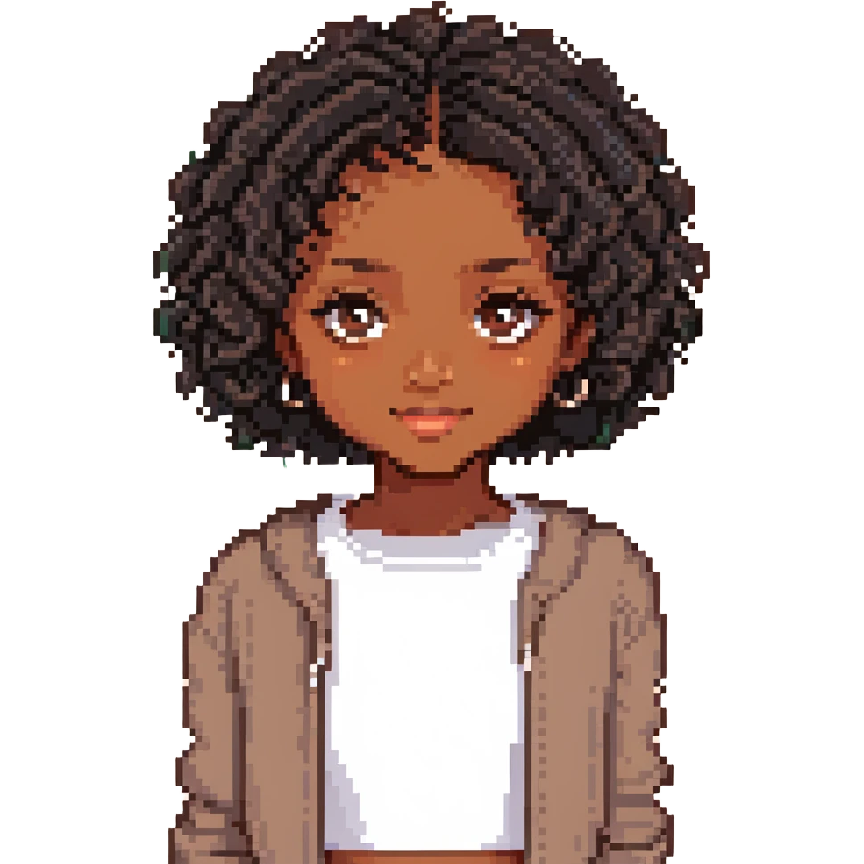 pixel art of a brown-skinned girl with short black curly hair parted in the middle, brown eyes emoji
