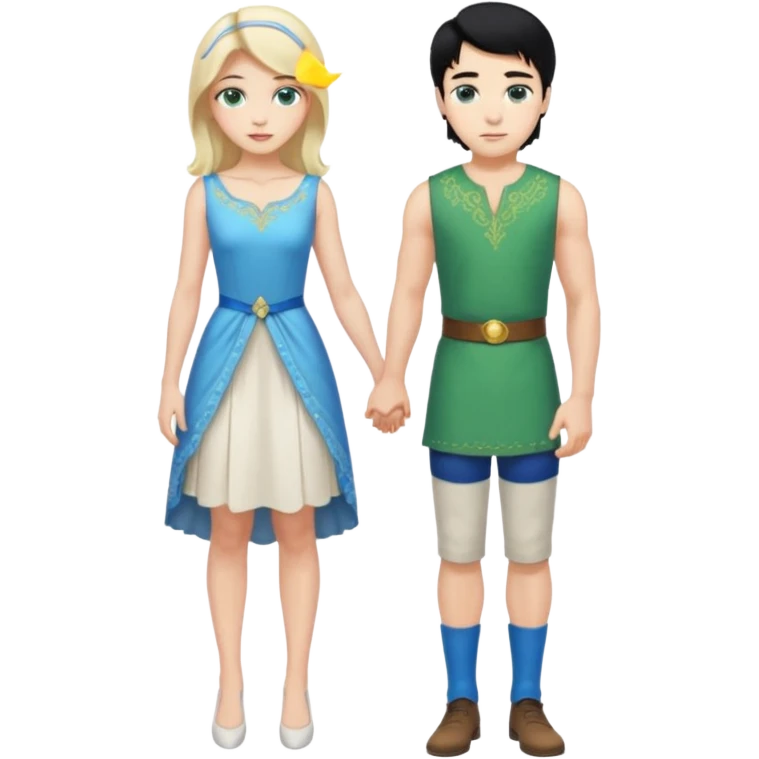 prince, standing upright, black Hair, blue eyes, garment,  woman, bending knee, sleveless white dress, blonde hair, green eyes, emoji