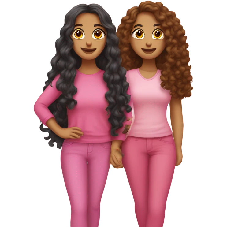 two Latina best friends wearing pink. Long hair. One curly hair and one straight her  emoji