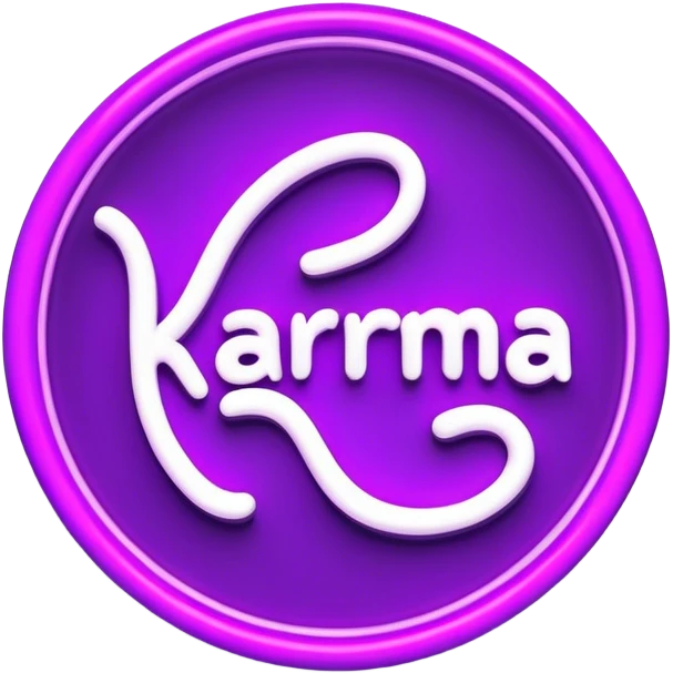 Violet neon sign with the word karma emoji