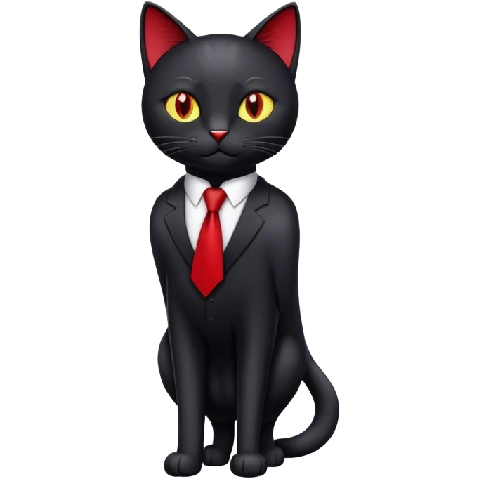 Create a digital emoji-style illustration of a black cat wearing a formal outfit. The cat should have a sleek, smooth black coat and a confident expression. It is dressed in a neatly tied red tie and polished dress shoes, adding a professional and stylish touch.  emoji