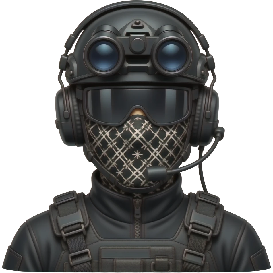 man wearing a black special tactics medical force outfit and a black COMBAT BOOTS PLATEface total painted black and a black and white patterned balaclava and wears a headset and a big black night vision device on his headtop with a helmet and a mask emoji